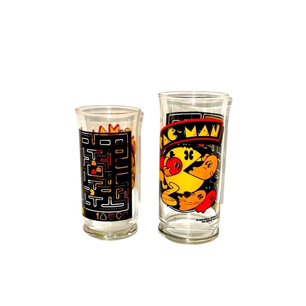 Vintage Lot Of 2 Pac-Man Glass Tumblers 1-10oz. 1-12oz 1982 Bally Midway MFG. Co